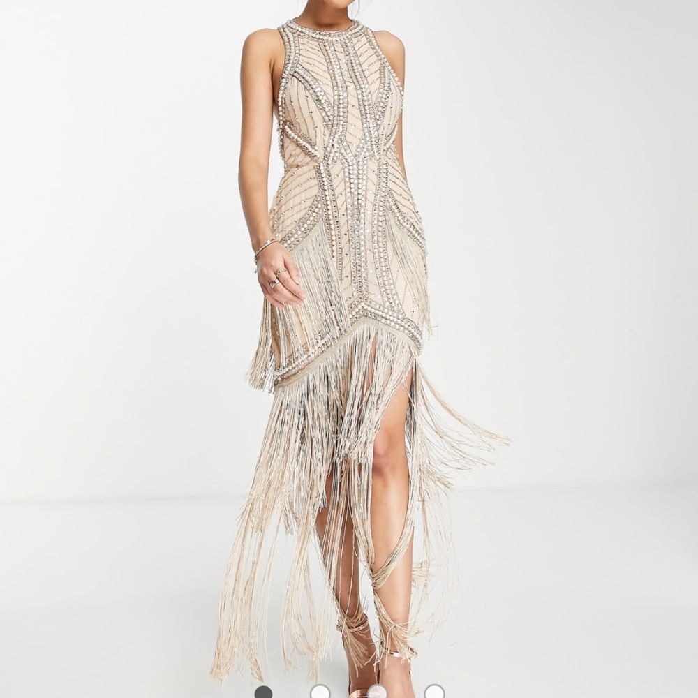 ASOS DESIGN embellished high neck maxi dress with fringe hem